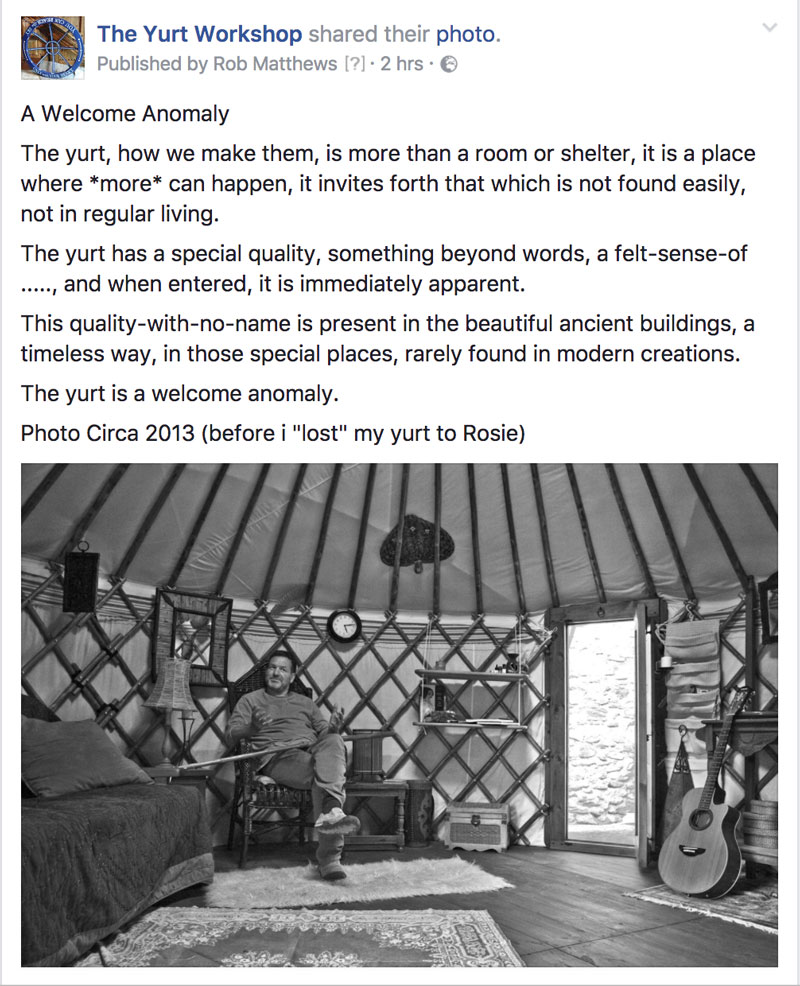Yurt Workshop on Facebook. 
