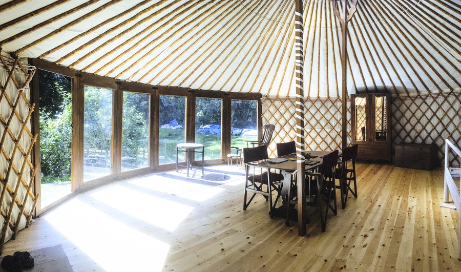 Interior of a 24 foot high-wall Yurt Workshop Glass Wall yurt