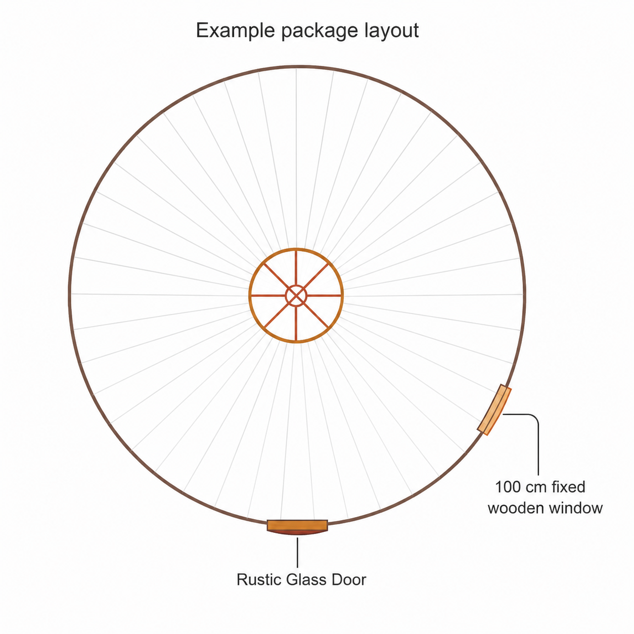 Example yurt package layout showing a Rustic Glass Door and one 100 centimetre fixed wooden window