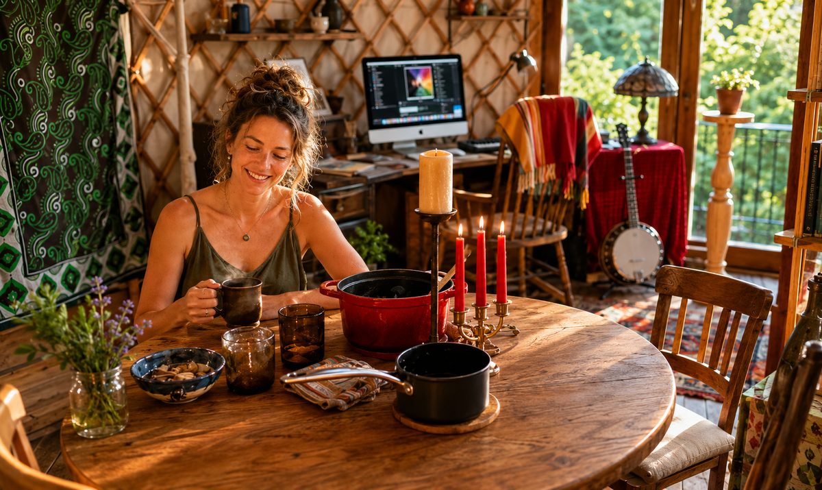 Interior view of a Yurt Workshop yurt in a woodland setting
