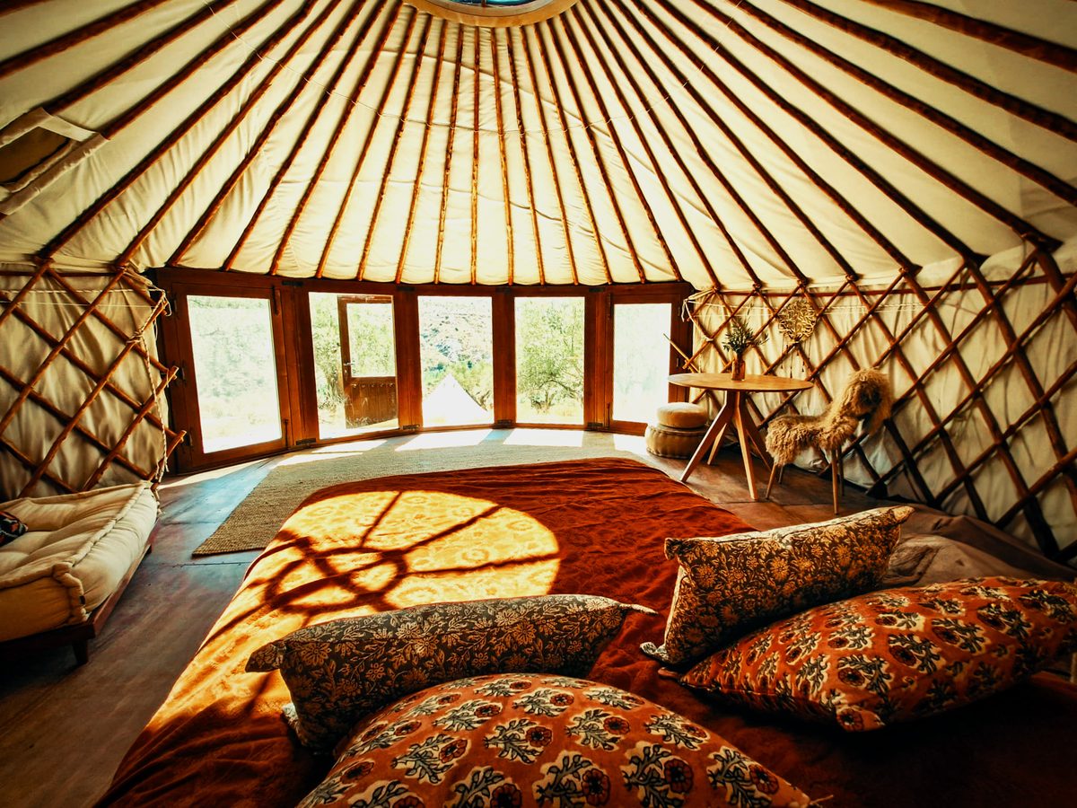 Interior of a Yurt Workshop yurt showing the natural chestnut frame