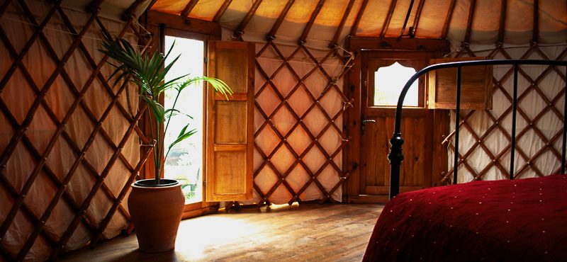 Interior of a Yurt Workshop yurt showing the natural chestnut frame and oak crown